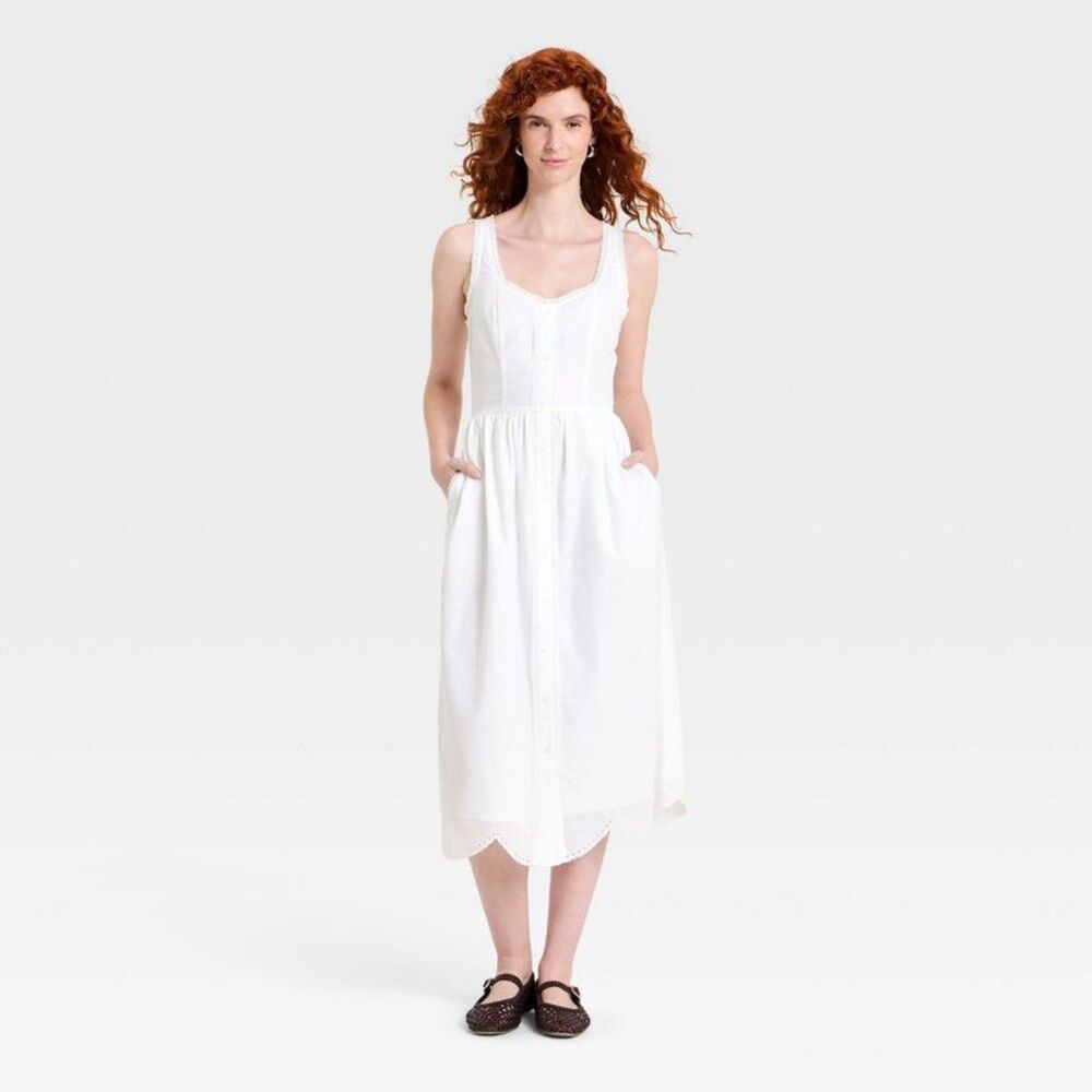 Open Box - Universal Thread - Women's Sleeveless Button-Up Midi A-Lin White